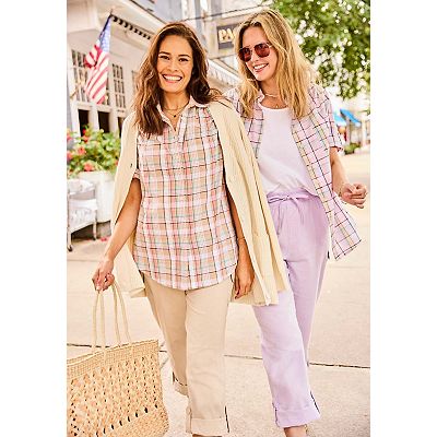Plus Size Women's Short Sleeve Button Down Seersucker Shirt by Woman Within in Rose Pink Rainbow Stripe (Size M)
