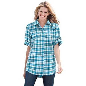 Woman Within Plus Size Short-Sleeve Button Down Seersucker Shirt