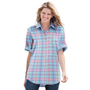 Woman Within Plus Size Short-Sleeve Button Down Seersucker Shirt
