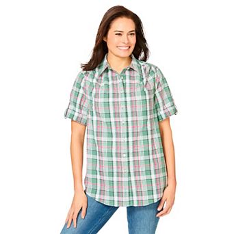 Woman Within Plus Size Petite Short-Sleeve Button-Down Cotton Seersucker Shirt