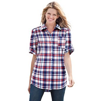 Woman Within Plus Size Short-Sleeve Button Down Seersucker Shirt