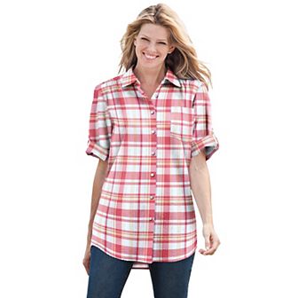 Woman Within Plus Size Short-Sleeve Button Down Seersucker Shirt