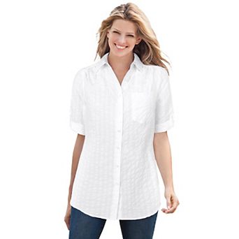 Woman Within Plus Size Short-Sleeve Button Down Seersucker Shirt