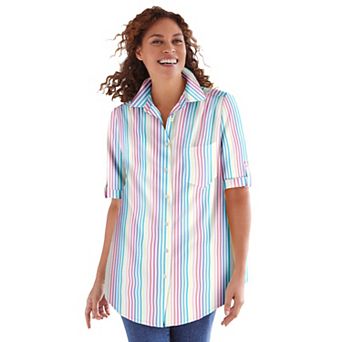 Woman Within Plus Size Short-Sleeve Button Down Seersucker Shirt