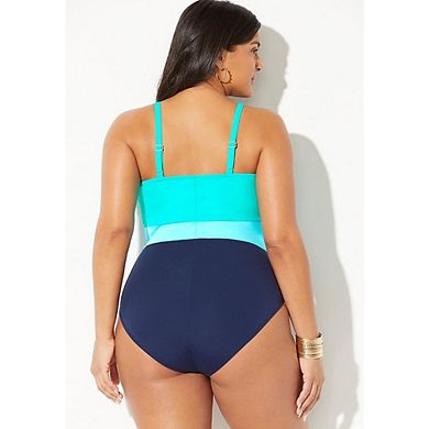 Swimsuits for All Women's Colorblock V-Neck One Piece Swimsuit