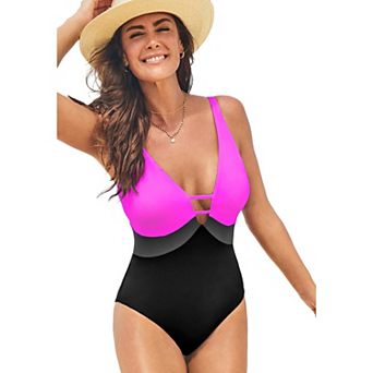 Swimsuits For All Women's Plus Size Colorblock V-neck One Piece Swimsuit