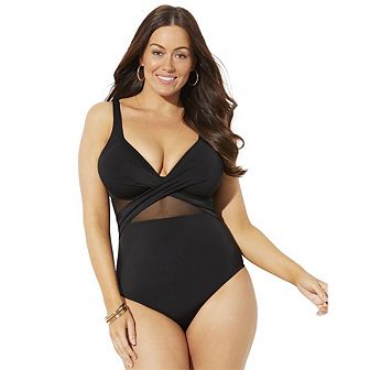 Swimsuits For All Women's Plus Size Cut Out Mesh Underwire One Piece Swimsuit