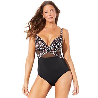 Swimsuits For All Women's Plus Size Cut Out Mesh Underwire One Piece Swimsuit