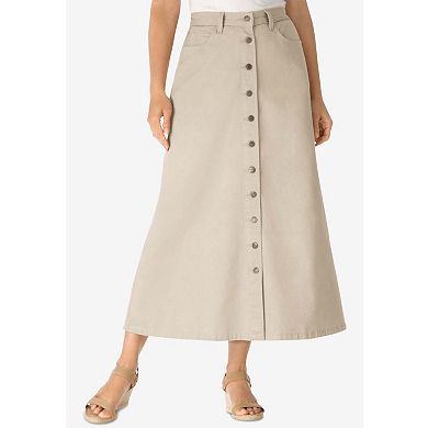 Woman Within Plus Size Petite Perfect Side-Elastic All-Cotton Button Front Denim Jeans Skirt