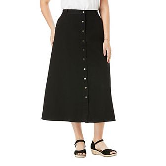 Woman Within Plus Size Petite Perfect Side-Elastic All-Cotton Button Front Denim Jeans Skirt