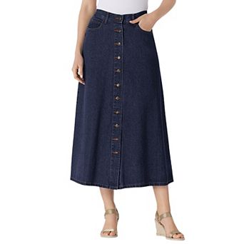 Woman Within Plus Size Petite Perfect Side-Elastic All-Cotton Button Front Denim Jeans Skirt
