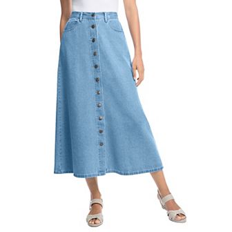 Woman Within Plus Size Petite Perfect Side-Elastic All-Cotton Button Front Denim Jeans Skirt