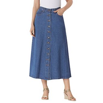 Woman Within Plus Size Petite Perfect Side-Elastic All-Cotton Button Front Denim Jeans Skirt