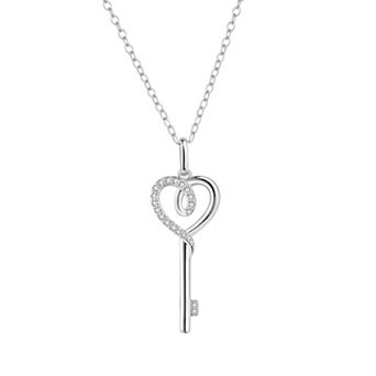 Sterling Silver 1/8 Carat T.W. Diamond Heart Key Pendant Necklace
