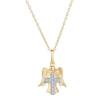 14k Gold Plated Sterling Silver 1/10 Carat T.W. Diamond Cross Angel Pendant Necklace