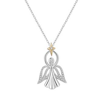14k Gold Two Tone Sterling Silver 1/10 Carat T.W. Diamond Angel Pendant Necklace
