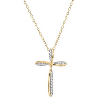 14k Gold Plated Sterling Silver 1/8 Carat T.W. Diamond Cross Pendant Necklace