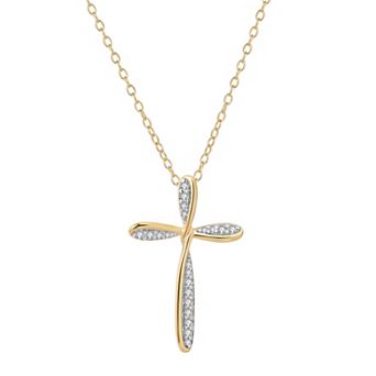 14k Gold Plated Sterling Silver 1/8 Carat T.W. Diamond Cross Pendant Necklace
