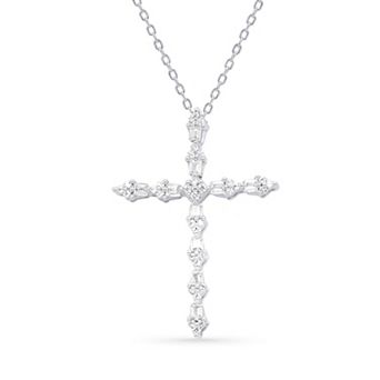 Silver Tone 1/4 Carat T.W. Round & Baguette Diamond Cross Pendant Necklace