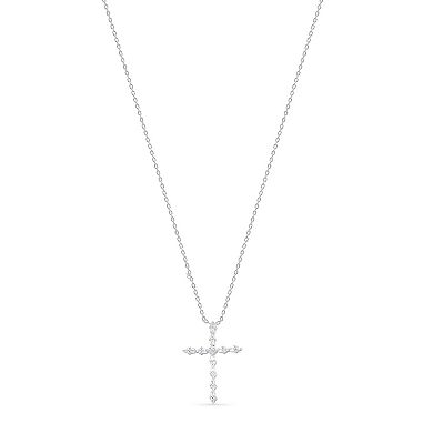 Silver Tone 1/4 Carat T.W. Round & Baguette Diamond Cross Pendant Necklace