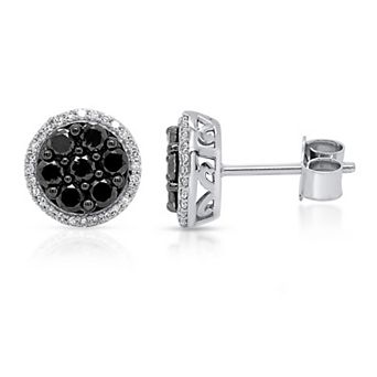 Sterling Silver 1 Carat T.W. Black & White Diamond Halo Earrings