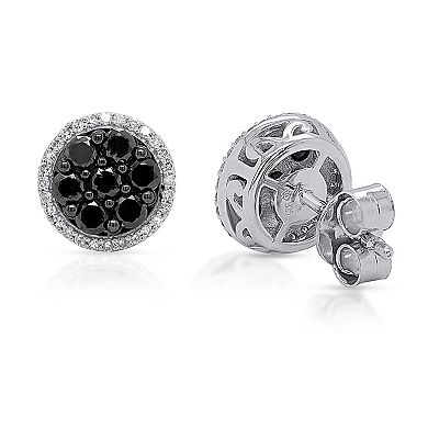 Sterling Silver 1 Carat T.W. Black & White Diamond Halo Earrings