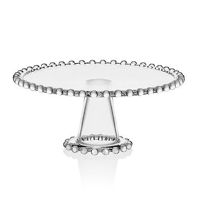 Fitz & Floyd Everyday White Beaded 10.75 in. Large Glass Cake Stand