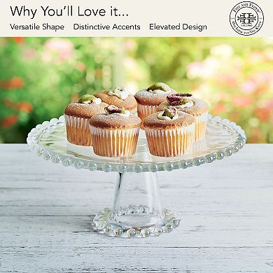 Fitz & Floyd Everyday White Beaded 10.75 in. Large Glass Cake Stand