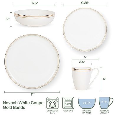 Fitz & Floyd 16-Piece Nevaeh White Coupe Gold Bands Dinnerware Set