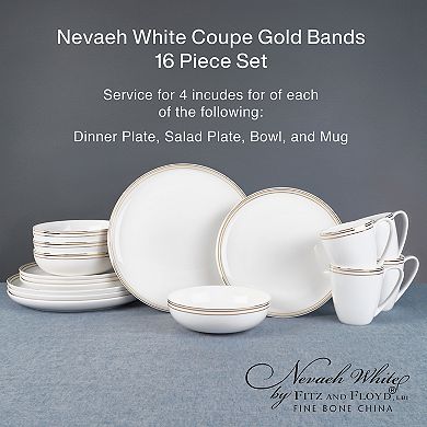 Fitz & Floyd 16-Piece Nevaeh White Coupe Gold Bands Dinnerware Set