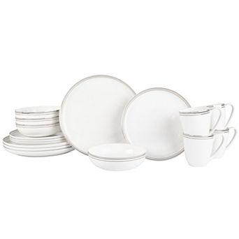 Fitz & Floyd 16 pc Nevaeh White Coupe Platinum Bands Dinnerware Set