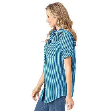 Woman Within Plus Size Petite Short-Sleeve Button-Down Cotton Seersucker Shirt