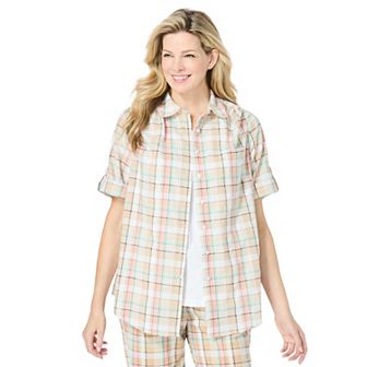 Woman Within Women's Plus Size Petite Short-sleeve Button Down Seersucker Shirt
