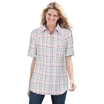 Woman Within Plus Size Petite Short-Sleeve Button-Down Cotton Seersucker Shirt
