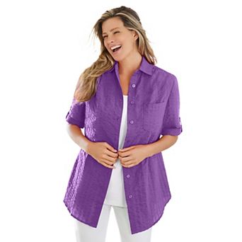 Woman Within Plus Size Petite Short-Sleeve Button Down Seersucker Shirt