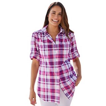 Woman Within Plus Size Petite Short-Sleeve Button Down Seersucker Shirt