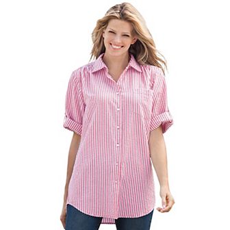 Woman Within Women's Plus Size Petite Short-sleeve Button Down Seersucker Shirt