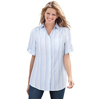 Woman Within Plus Size Petite Short-Sleeve Button Down Seersucker Shirt