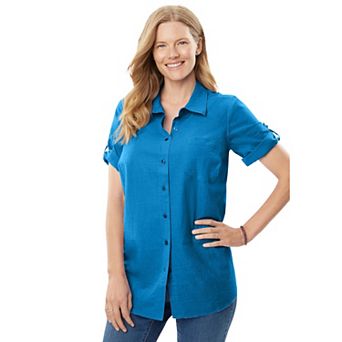 Woman Within Plus Size Petite Short-Sleeve Button Down Seersucker Shirt