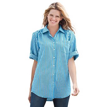 Woman Within Plus Size Petite Short-Sleeve Button Down Seersucker Shirt