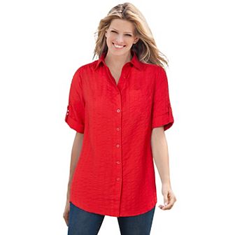 Woman Within Women's Plus Size Petite Short-sleeve Button Down Seersucker Shirt