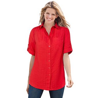 Woman Within Plus Size Petite Short-Sleeve Button Down Seersucker Shirt