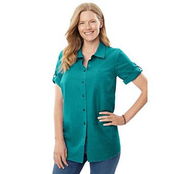 Woman Within Plus Size Petite Short-Sleeve Button Down Seersucker Shirt