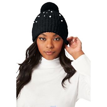 Woman Within Women's Plus Size Pearl-embellished Ribbed Beanie Hat.
