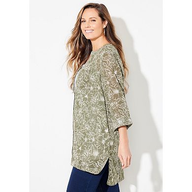 Catherines Women's Plus Size Mandarin Collar Gauze Tunic