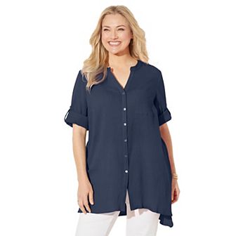 Catherines Women's Plus Size Mandarin Collar Gauze Tunic