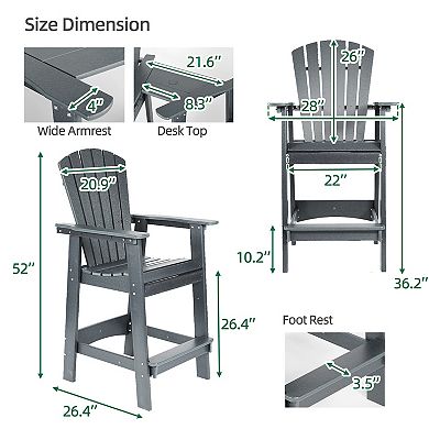 Aoodor Tall Adirondack Chairs Set Of 2,hdpe Patio Bar Stool With Connecting Tray