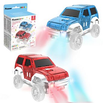 PicassoTiles 2 Car Set, For Magnetic Tile Racetrack, Building Block for Kid Age 3 & Up, PTE05