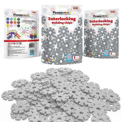 PicassoTiles 108 Pieces Building Chip Interlocking Disc Construction Blocks in Color Grey