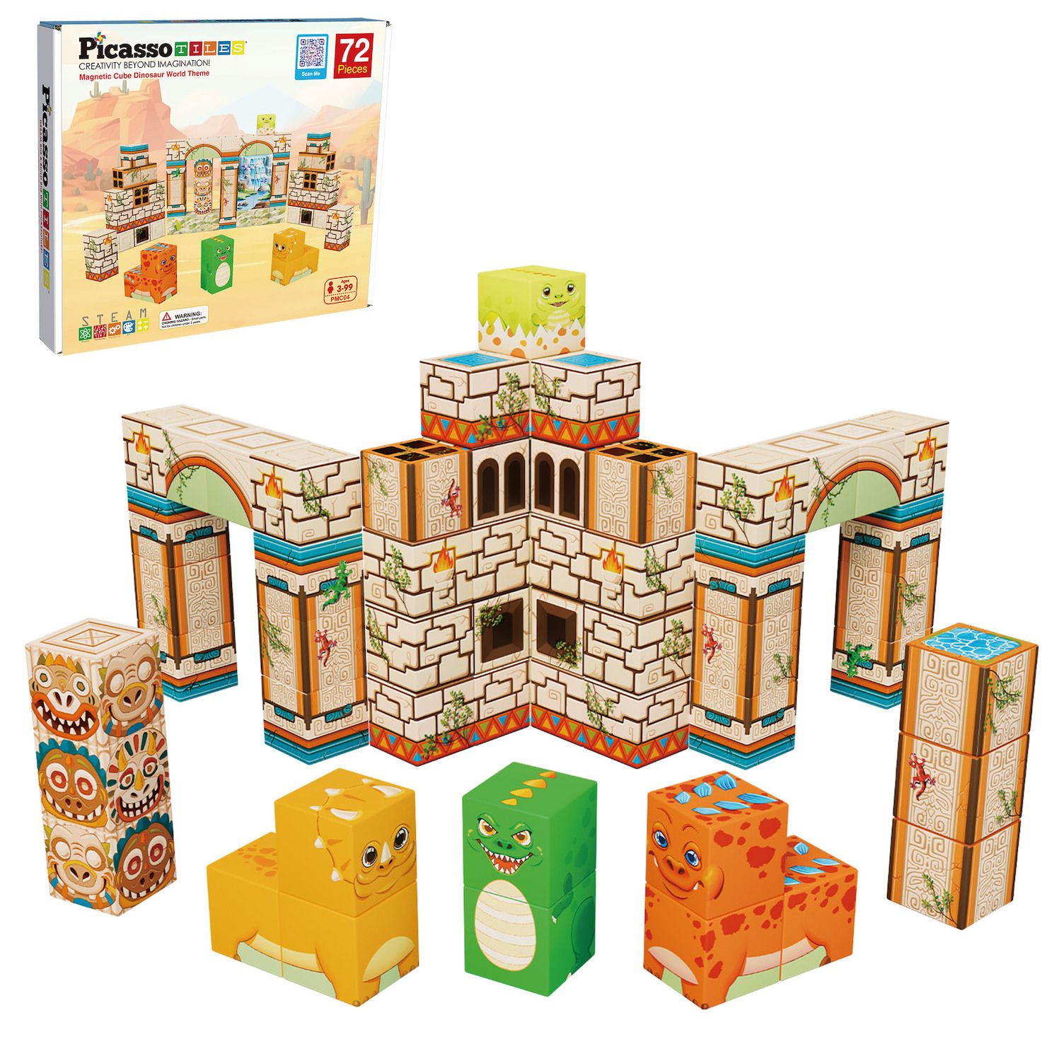 Детские конструкторы PicassoTiles 72 pc Magnetic Blocks Dinosaur World Theme, Magentic Building Blocks for for Kids 3+ — фото 1